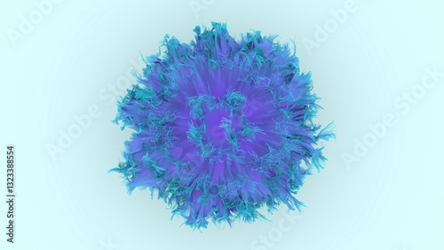 Abstract 3D digital rendering of a vibrant blue and purple particle explosion with intricate textures on a light background