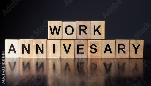 Celebrating work anniversary with wooden blocks arranged on a dark background.