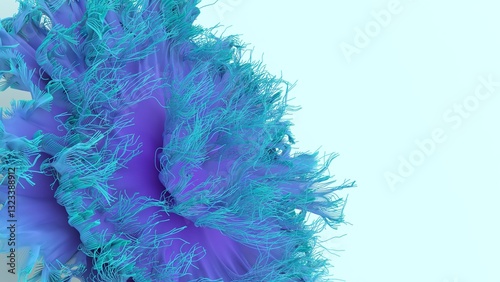 Close-up 3D render of an intricate blue and purple organic particle structure with detailed flowing strands and copy space on a light background