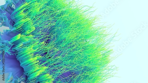 Close-up 3D render of a glowing blue and green organic particle structure with intricate flowing strands and copy space on a light background