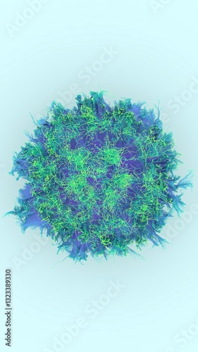 Abstract 3D digital visualization of a glowing blue and green particle explosion with intricate neural-like structures on a light background