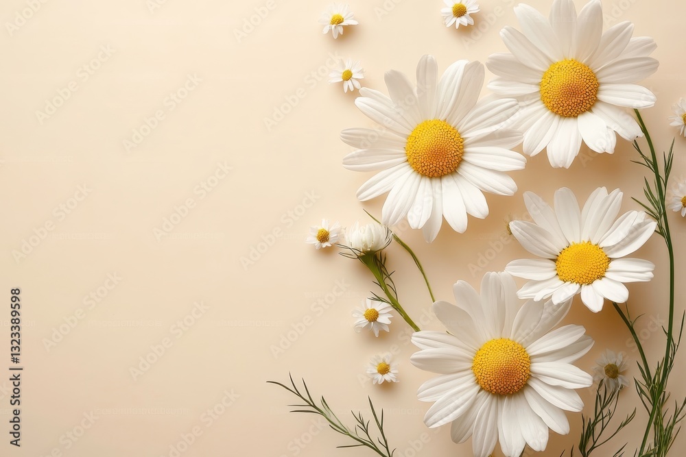 Obraz premium Beautiful white daisies on beige background. Ideal for greeting cards, blogs, or spring themes.