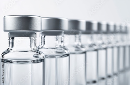 A row of clear glass bottles with a silver cap. The bottles are lined up next to each other