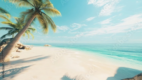 Serene Tropical Beach with Clear Blue Water, Golden Sand, and Lush Palm Trees Under a Bright Sky