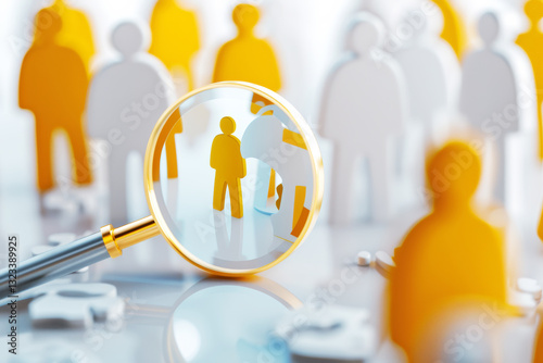 Magnifying the Potential: A conceptual image of a magnifying glass focusing on one person, highlighting the concept of recruitment, talent acquisition, and human resources. 