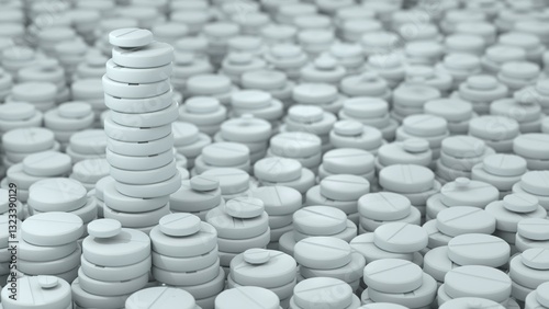 3D render of a large pile of white pharmaceutical tablets with a single stack of pills standing out in the foreground