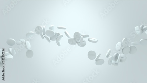 3D render of white pharmaceutical tablets in mid-air, dynamically floating against a soft gradient background with copy space