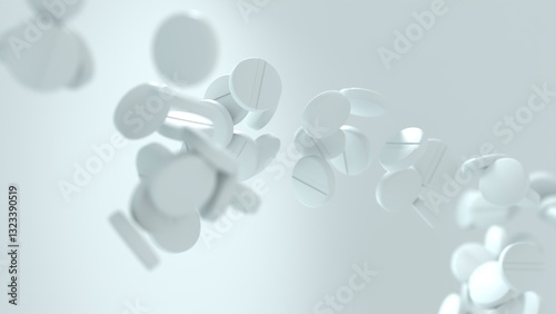 3D render of white pharmaceutical tablets in free fall, dynamically suspended in mid-air against a soft gradient background with copy space