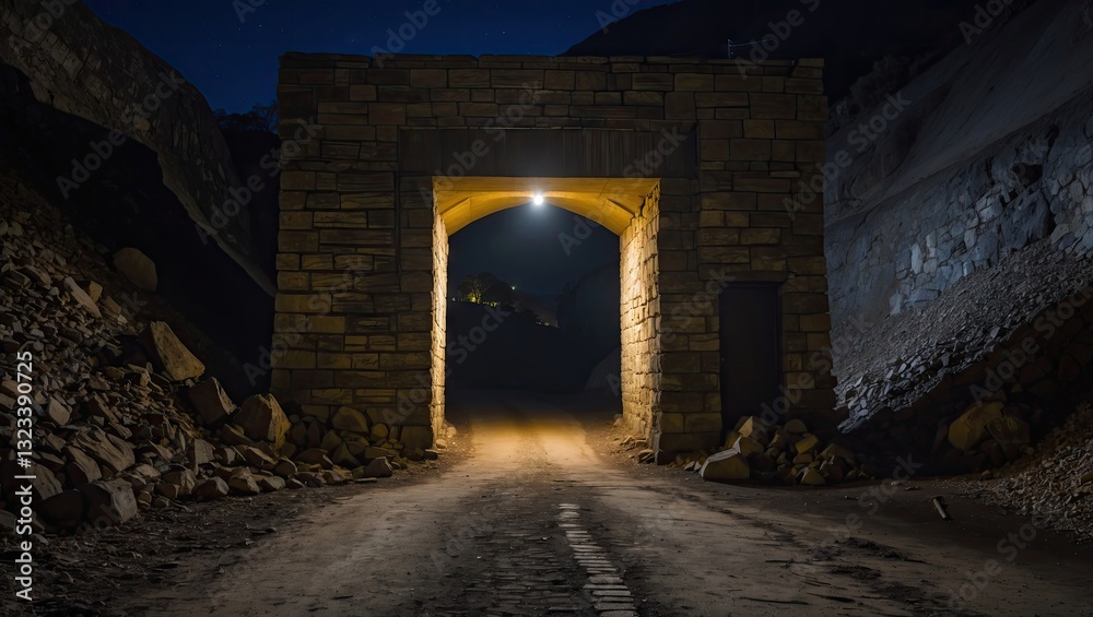 Fototapeta premium Mine entrance illuminated at night with a warm yellow light framing the dark tunnel, surrounded by rocky terrain and night sky shades of blue.