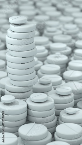 Close-up 3D render of a large pile of white pharmaceutical tablets with a single tall stack in focus, symbolizing medication and healthcare concepts