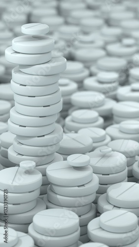 Close-up 3D render of a large pile of white pharmaceutical tablets with a single tall stack in focus, symbolizing medication and healthcare concepts