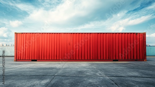 A red container sits on a plain cement floor, awaiting use or storage