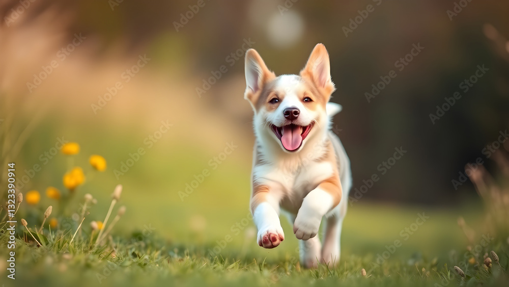 Happy welsh corgi pembroke puppy running on grass in summer Happy welsh corgi pembroke puppy running on grass in summer