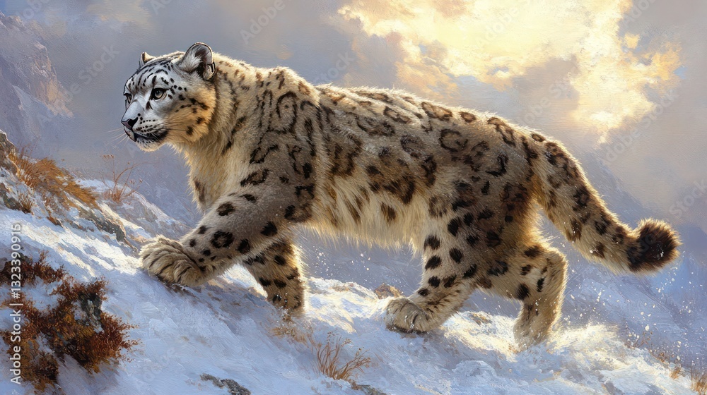 Majestic Snow Leopard on Mountain Peak Winter Wildlife Nature Majestic Snow Leopard on Mountain Peak Winter Wildlife Nature