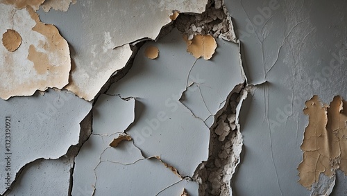 Cracked and peeling blue wall surface with light brown patches revealing rough texture and deep fissures creates a distressed aesthetic appearance.