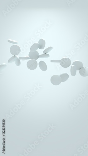 3D render of white pharmaceutical tablets falling in mid-air against a soft gradient background with copy space