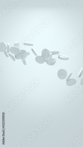 3D render of white pharmaceutical tablets falling in mid-air against a soft gradient background with copy space