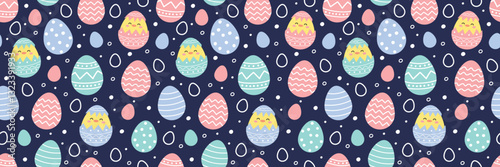 Easter seamless pattern with cute chicks and eggs. Colourful background in cartoon style. Vector illustration.