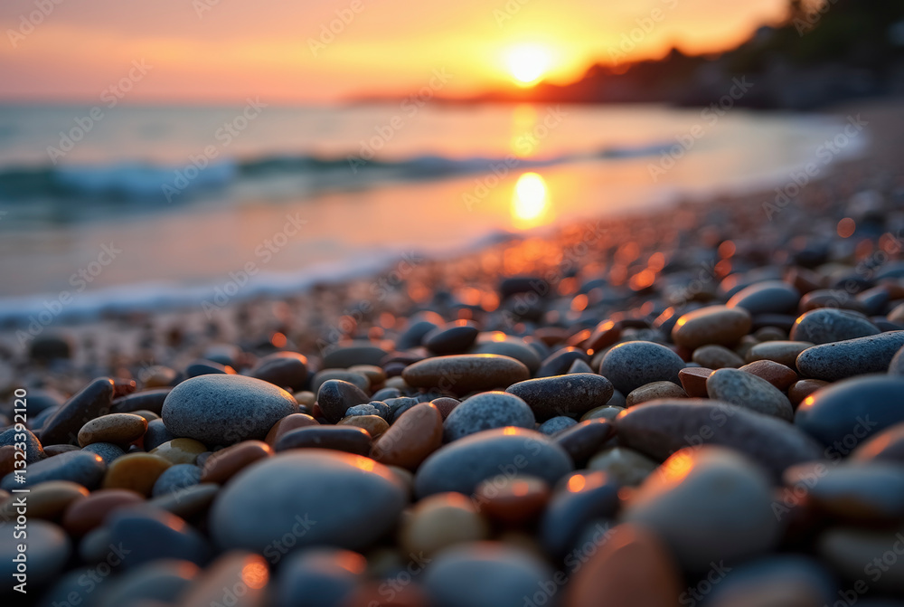 Obraz premium A coast of the sea, covered with pebbles, at sunset.