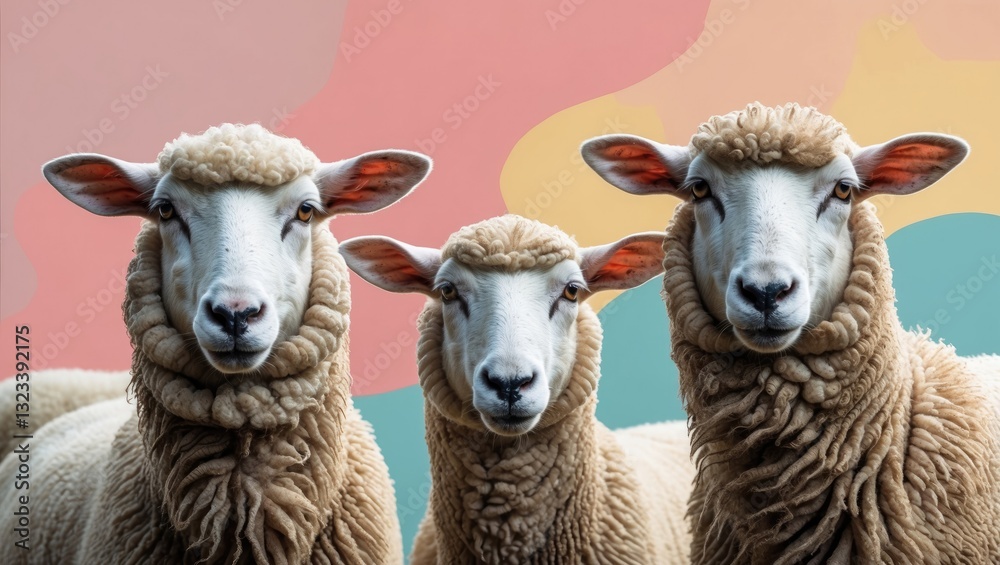 Three sheep with fluffy wool positioned centrally against a soft pastel background, featuring shades of pink and teal, creating a serene farm atmosphere. Three sheep with fluffy wool positioned centrally against a soft pastel background, featuring shades of pink and teal, creating a serene farm atmosphere.