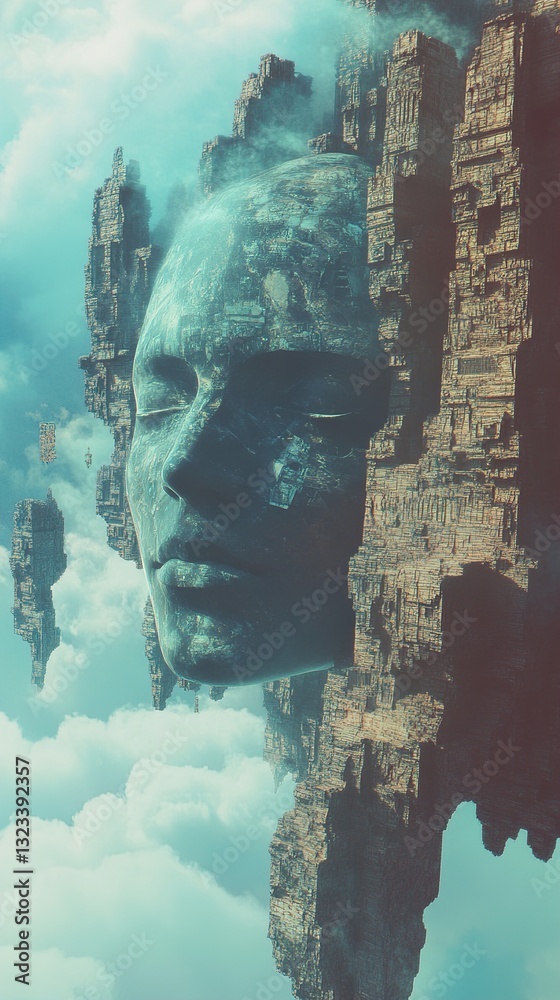 Фотография Surreal Stone Face in Dreamlike Cloudscape