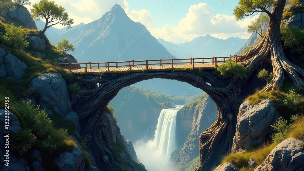 Fototapeta premium Wooden Bridge Across a Waterfall in a Mountainous Valley with Lush Greenery