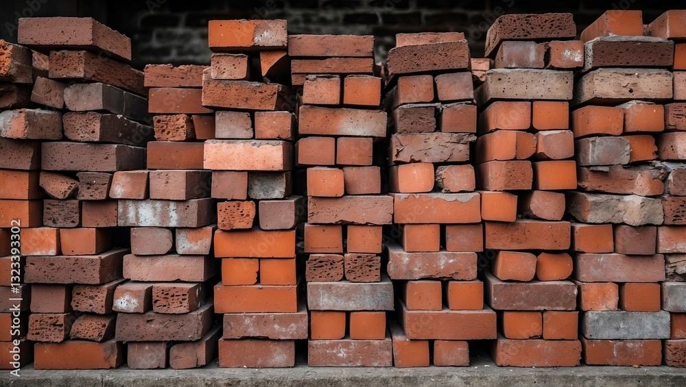 Fototapeta premium Sturdy red and brown bricks stacked tightly in a neat backdrop with a textured surface, creating a rustic and industrial aesthetic.