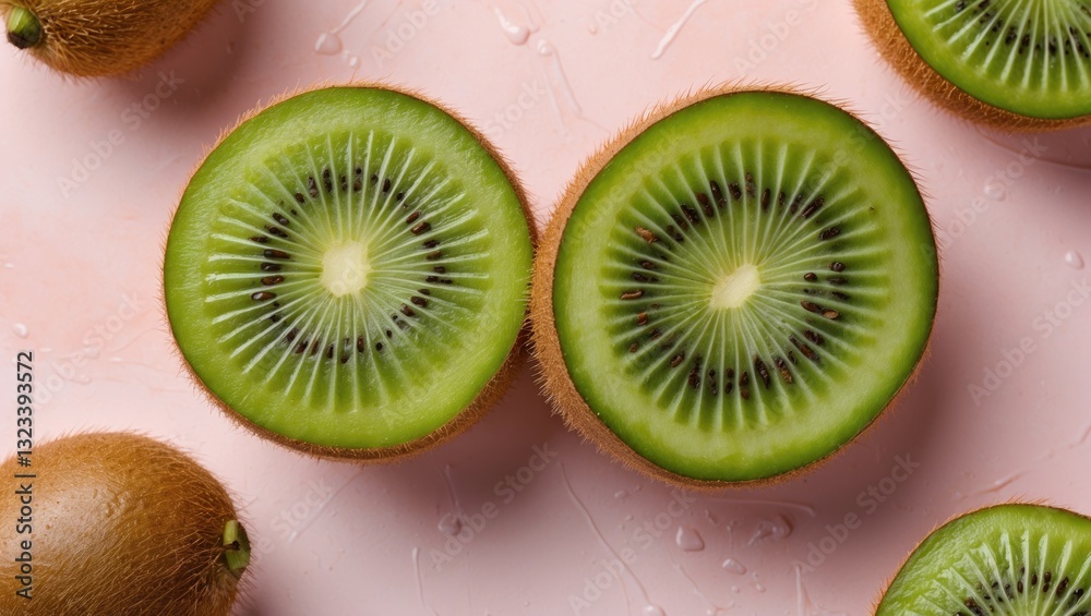 Fototapeta premium Fresh kiwi fruit halved on a soft pink pastel backdrop with a textured surface showcasing vibrant green flesh and brown skin arranged artfully.