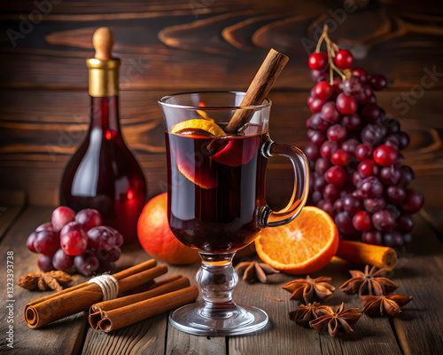 Holiday Mulled Wine in Stemmed Glass with Christmas Greenery 