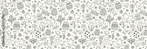Colourful Easter texture in cartoon style. Hand drawn chicks, eggs and flowers. Doodle.  Vector illustration
