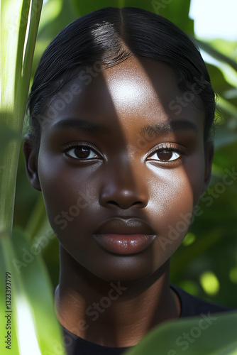 Young black woman posing in nature with sunlight filtering through leaves