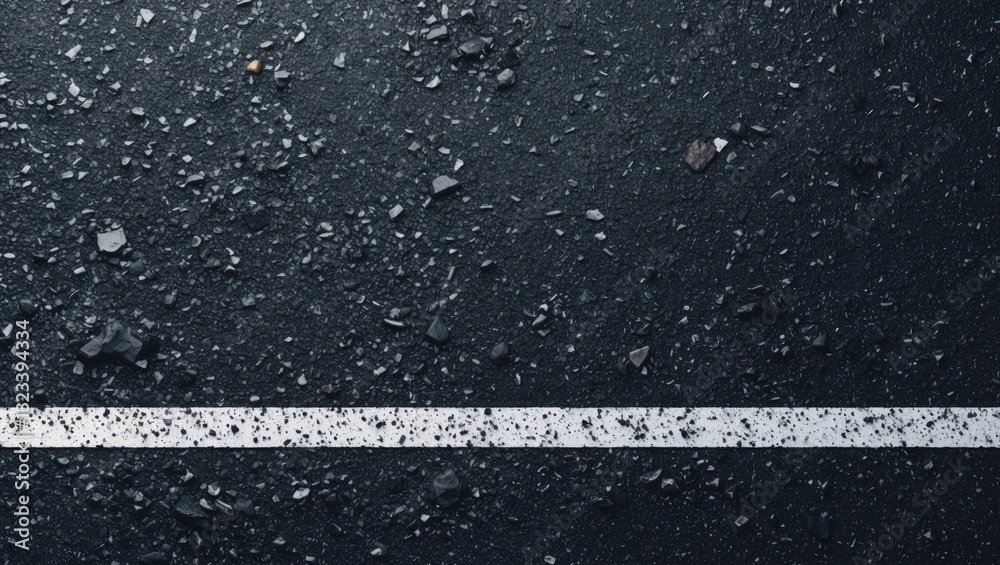 Fototapeta premium Asphalt texture background with white dashed line centered horizontally on dark gray surface featuring scattered stones creating ample copy space.