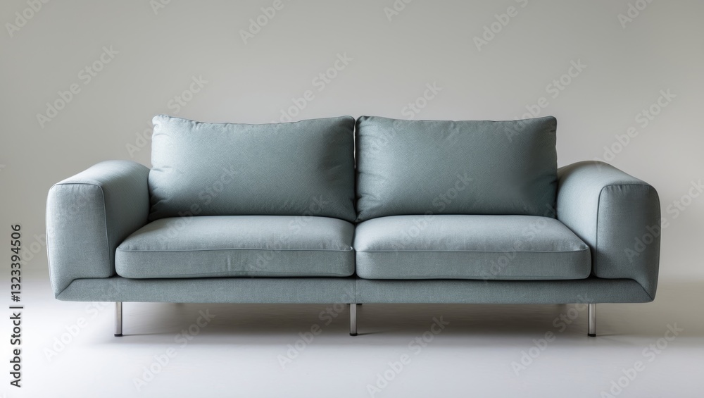 Modern light blue sofa with two back cushions, positioned centrally against a neutral pale wall, featuring sleek metal legs and minimalistic design. Modern light blue sofa with two back cushions, positioned centrally against a neutral pale wall, featuring sleek metal legs and minimalistic design.