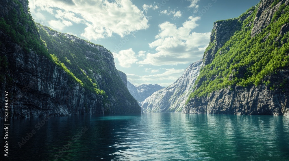 Stunning Landscape of Serene Fjord Surrounded by Lush Green Mountains and Clear Blue Sky