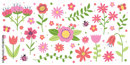 Colourful spring flowers set. Icons in cartoon style. Vector illustration