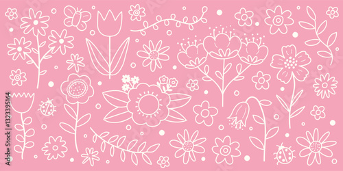 Hand drawn spring flower set. Icons in cartoon style. Vector illustration