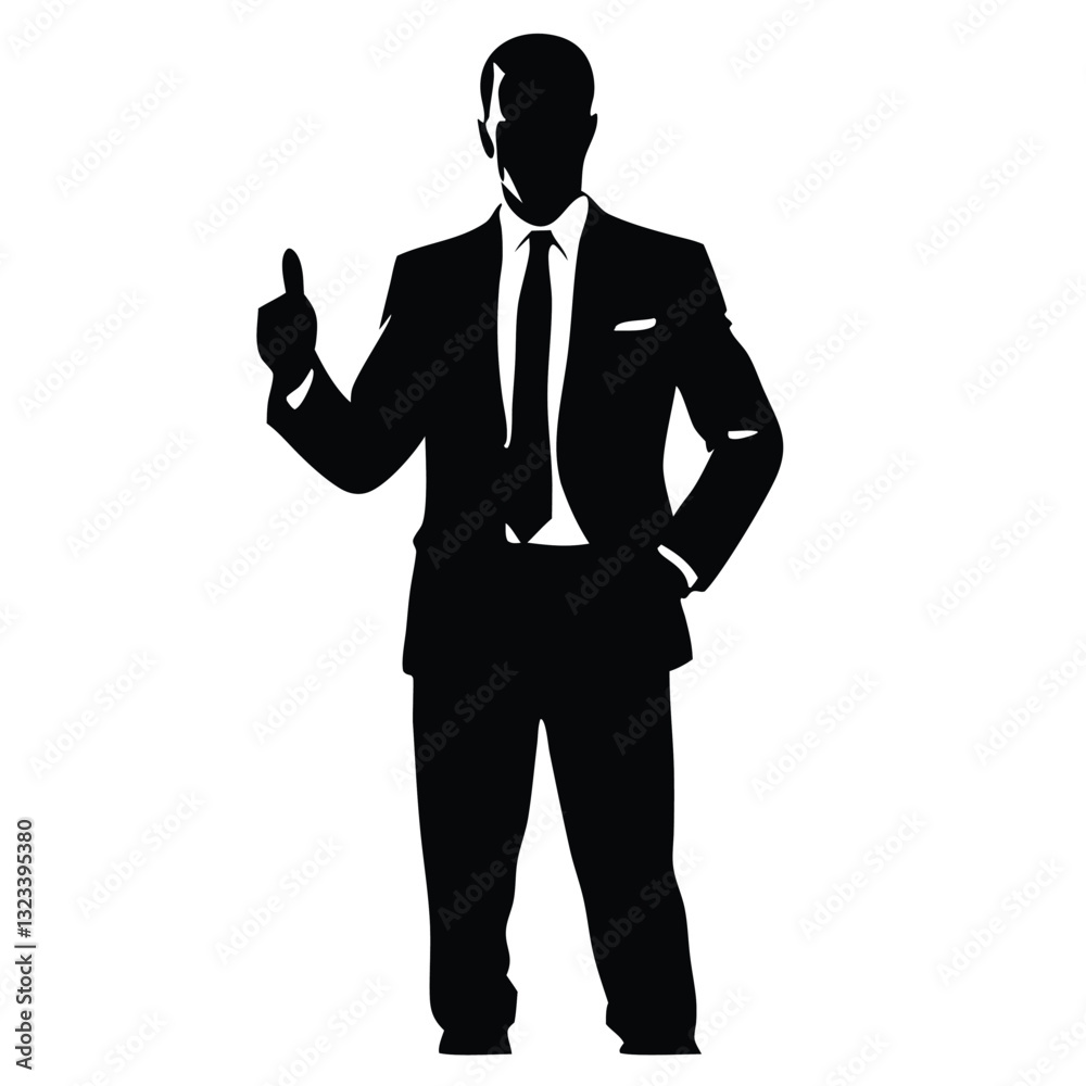 A silhouette of a man in a formal business suit, standing confidently with one hand on his hip and the other giving a thumbs-up A silhouette of a man in a formal business suit, standing confidently with one hand on his hip and the other giving a thumbs-up