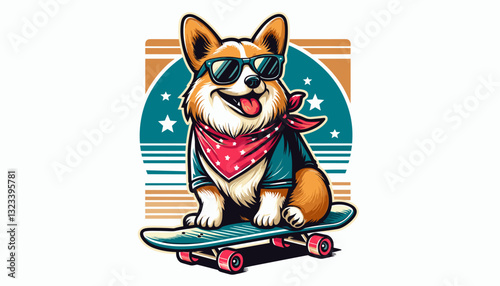 Cute corgi wearing sunglasses riding a skateboard.