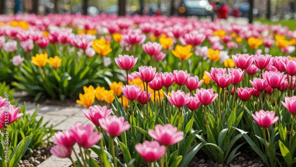 Close-up of colorful tulips blooming in a sunny urban garden Close-up of colorful tulips blooming in a sunny urban garden