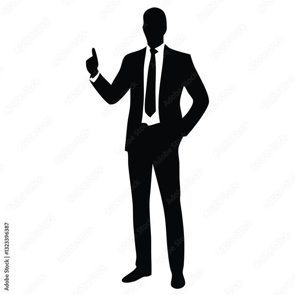 A silhouette of a man in a formal business suit, standing confidently with one hand on his hip and the other giving a thumbs-up A silhouette of a man in a formal business suit, standing confidently with one hand on his hip and the other giving a thumbs-up