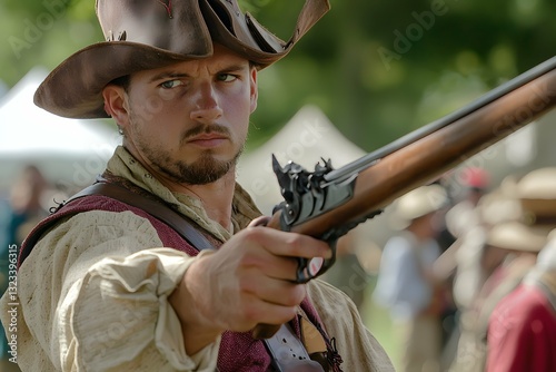 A historical reenactor clad in period attire carefully loads a musket, using authentic props to enhance the photo