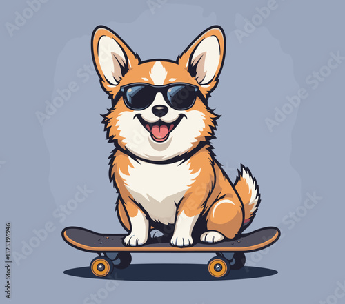 Cute corgi wearing sunglasses riding a skateboard.