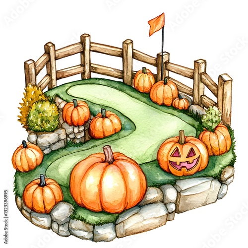Autumnal Pumpkin Patch Miniature Golf Course Illustration. A charming watercolor painting of a whimsical miniature golf course surrounded by pumpkins, perfect for fall-themed designs.