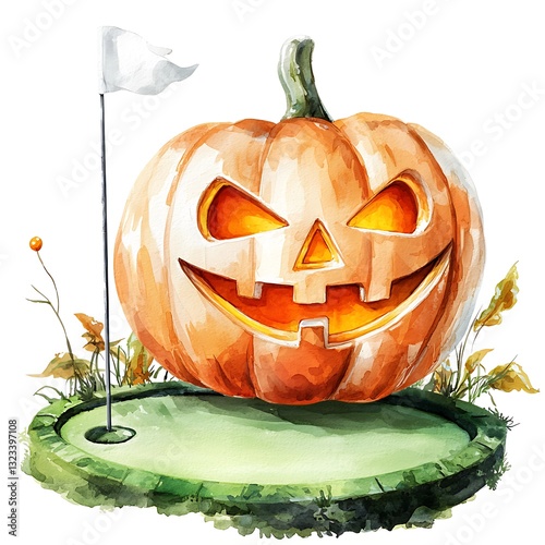 Spooky Jack-o'-lantern on a Golf Putting Green. A whimsical Halloween illustration featuring a carved pumpkin on a miniature golf course.
