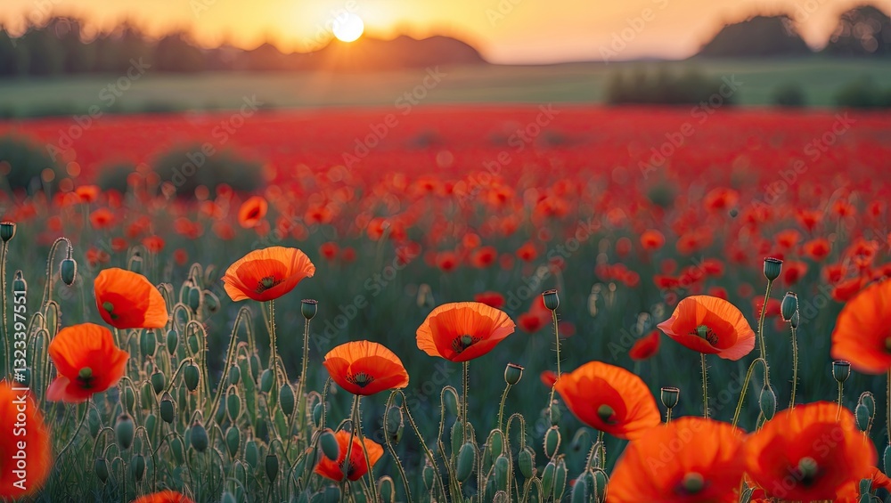 Obraz premium Vibrant red poppy field at sunset with golden sun rays casting shadows, soft green grass in foreground, ample copyspace for text and design.