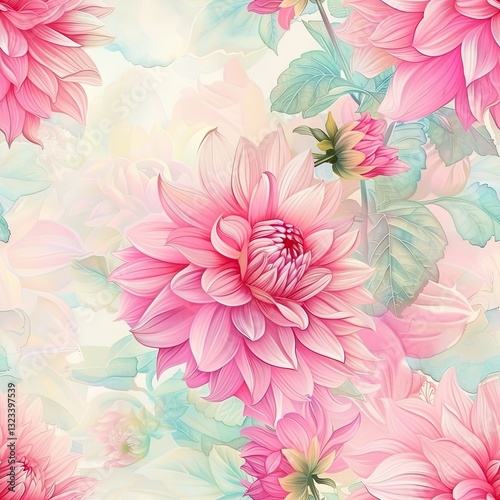 Beautiful blooming floral pattern with large colorful pink and white dahlia flower against a soft pastel background in watercolor style. Cheerful seamless spring backdrop concept