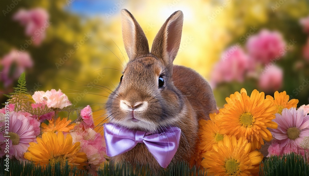 cute rabbit with a bow in beautiful floral setting cute rabbit with a bow in beautiful floral setting