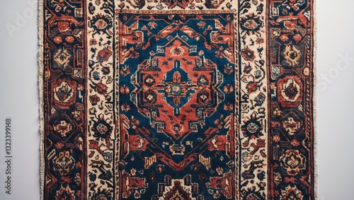 Traditional machine-made carpet with intricate patterns in deep blue, red, and cream tones displayed prominently on a white background.