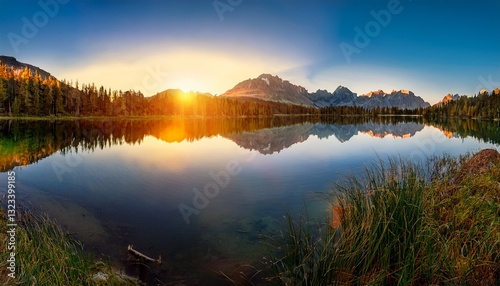 panorama sunset on the lake reflections