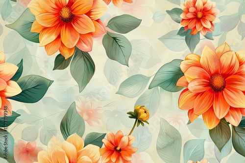 Vibrant floral background with orange and yellow dahlia flowers surrounded by green leaves in a soft pastel atmosphere in watercolor style. Cheerful seamless spring backdrop concept.